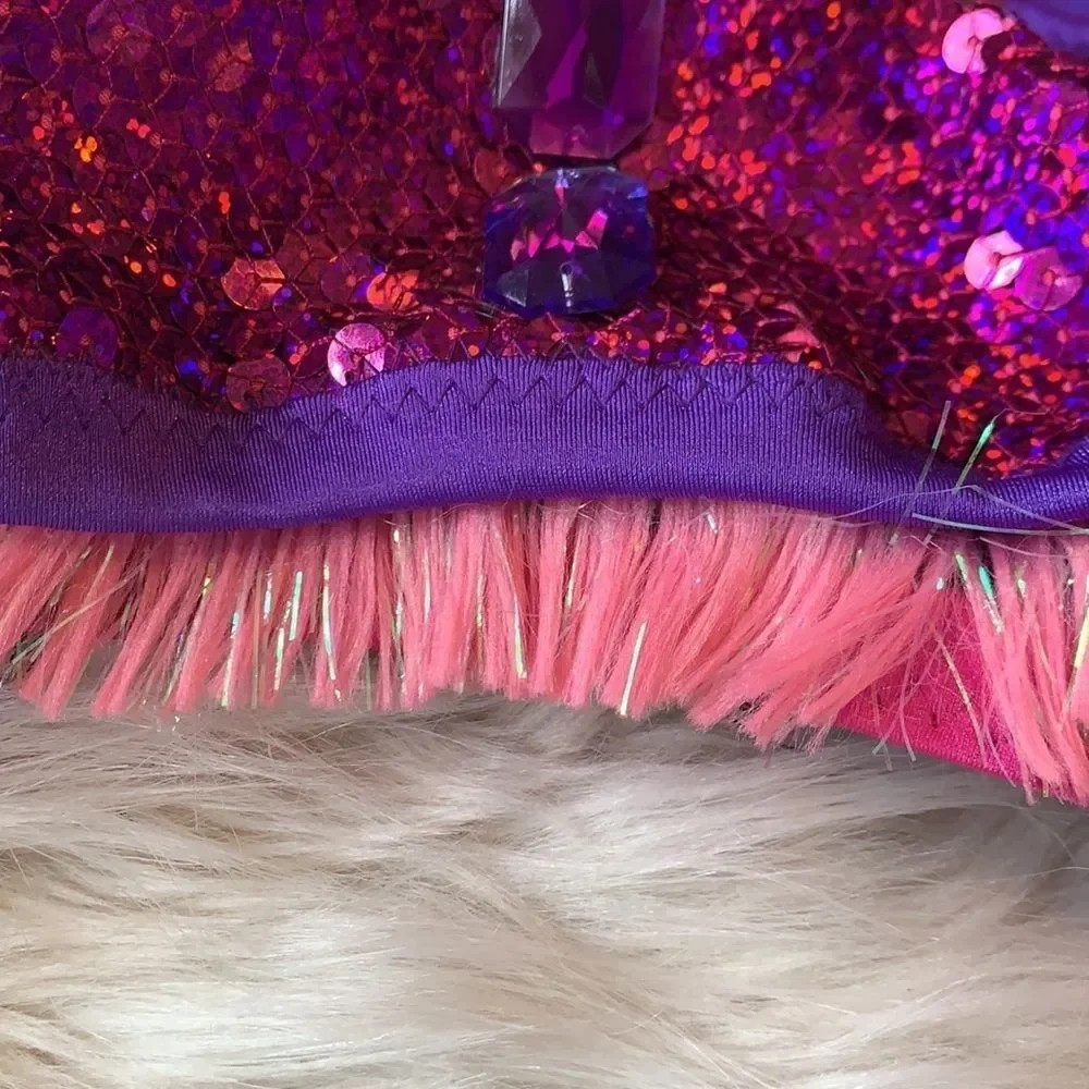 Purple and Pink two piece dance costume with Swarovski Crystals and sequins.